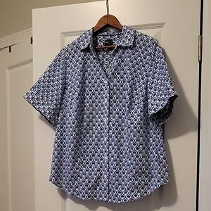 Talbots Blue and White Geometric Blouse with Short Sleeves